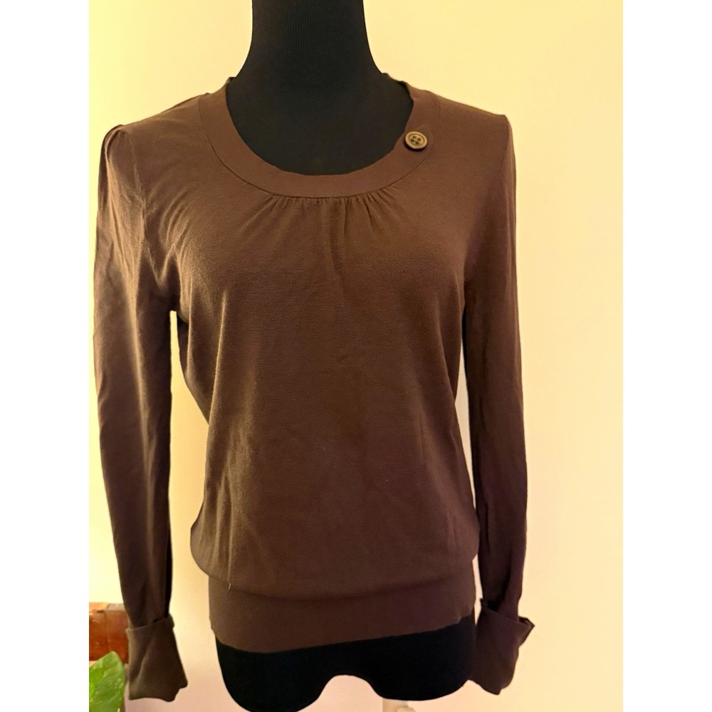 Apt. 9 Women's L Brown Solid Knit Long Sleeve Pullover Top Round Neck Button